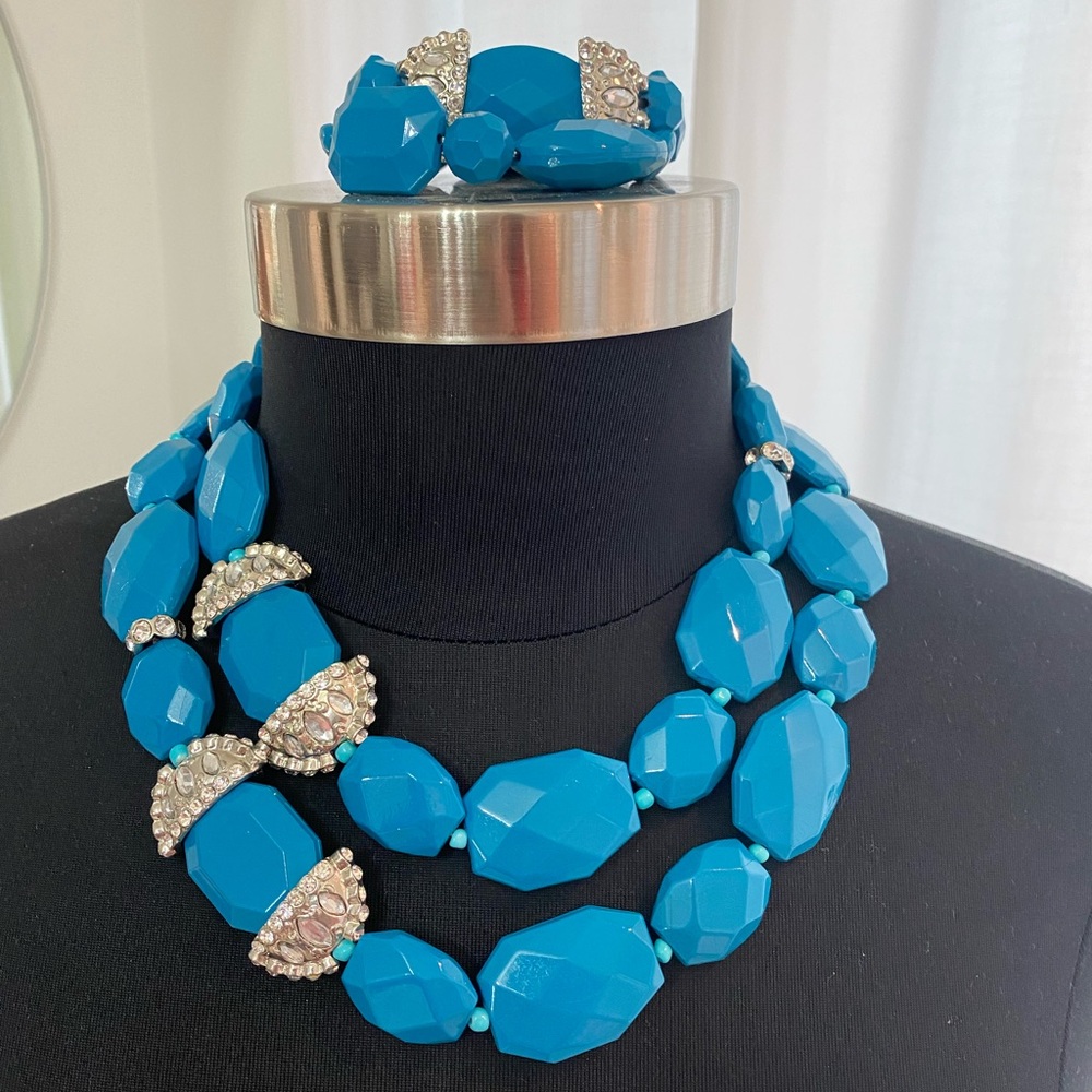 Macy’s Cerulean Blue & Silver Rhinestone Necklace & Two Bracelets Matching Set